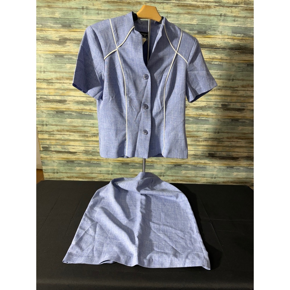 Spago Collection Skirt Suit Set 10 Blue Excellent Short Sleeve Blazer Midi Skirt